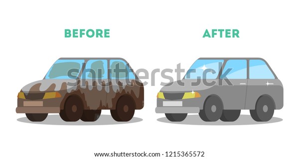 Car\
wash service banner before and after washing. Dirty auto and clean\
shiny automobile. Isolated vector flat\
illustration