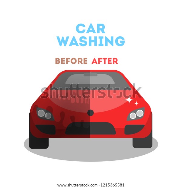 Car wash service banner before and after\
washing. Dirty red auto and clean shiny automobile. Isolated vector\
flat illustration