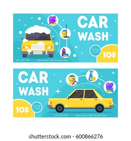 Car Wash Service Banner Card Set for Your Business Flat Design Style. Vector illustration