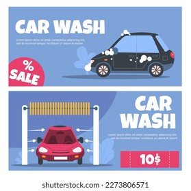 Car wash service banners. Horizontal posters with vehicles in foam. Self cleaning auto station. Transport means hygiene. Carwash sale promo flyers. Discount coupons set