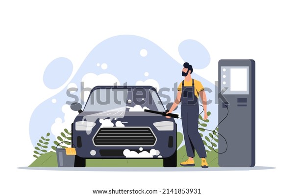 Car wash service. Bearded man in overalls\
washes vehicle, washerman at workplace. Worker in uniform with soap\
and water. Happy character outdoor, modern business. Cartoon flat\
vector illustration