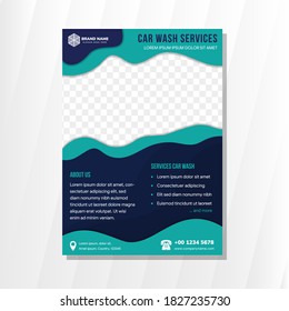 car wash service brochure design template use liquid style. flat soft and dark blue color with shadow. Space for photo collage.