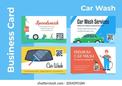 Car wash service business card design template set vector illustration. Promo banner with contacts for communications corporate branding identification. Automobile vehicle transport cleaning care