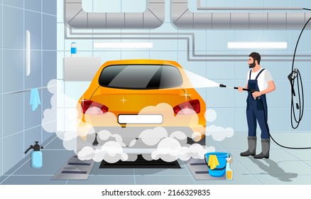 Car wash service. Carwash interior inside. Worker in uniform washing automobile with foam by high pressure water. Professional detailing washer in auto spa. Cleaning garage station vector illustration