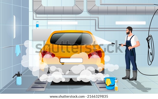 Car wash service. Carwash interior inside.\
Worker in uniform washing automobile with foam by high pressure\
water. Professional detailing washer in auto spa. Cleaning garage\
station vector\
illustration