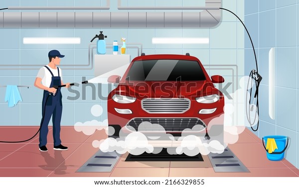 Car wash service. Carwash interior inside.\
Worker in uniform washing automobile with foam by high pressure\
water. Professional detailing washer in auto spa. Cleaning garage\
station vector\
illustration