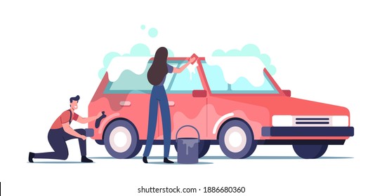 Car Wash Service Concept. Cleaning Company Employees Male or Female Characters Work Process. Couple of Workers Wear Uniform Lathering Automobile with Sponge and Mop. Cartoon People Vector Illustration