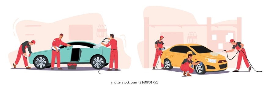 Car Wash Service Concept. Cleaning Company Employees Male Characters Working Process. Workers Wear Red Uniform Lathering Automobile with Hoses, Sponges and Mops. Cartoon People Vector Illustration