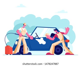 Car Wash Service Concept with Couple of Workers Wearing Uniform Lathering Automobile with Sponge and Pouring with Water Jet. Cleaning Company Employees at Work Process Cartoon Flat Vector Illustration