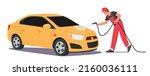 Car Wash Service Concept. Worker Character Wearing Uniform Clean Automobile Pouring Water from High Pressure Washer. Cleaning Company Employee Working Process. Cartoon People Vector Illustration