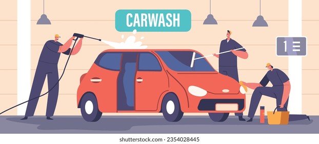 Car Wash Service Concept with Workers Wearing Uniform Lathering Automobile with Sponges and Pouring with Water Jets