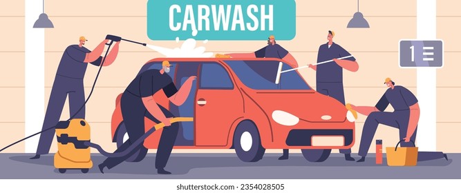 Car Wash Service Concept. Workers Characters Wearing Uniform Lathering Automobile with Sponge and Pouring with Water