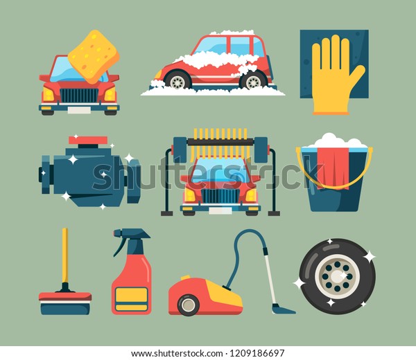 Car wash service. Dirty machines\
in clean building water bucket wiping sponge vector icons cartoon.\
Wash car service, clean transport equipment\
illustration