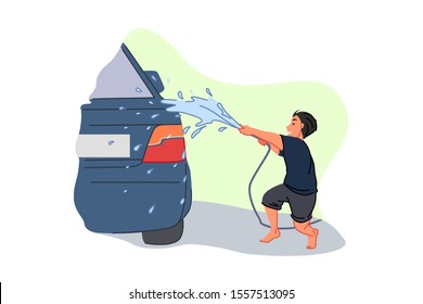 Car wash service, earning pocket money, parent helper, child labour concept. Smiling teenager with water hose, boy washing passenger vehicle, male young automobile washer. Simple flat vector