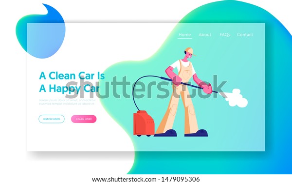 Car Wash Service Employee at Work Website\
Landing Page. Worker Wearing Uniform with High Pressure Washer\
Pouring Water Jet. Cleaning Company Work Web Page Banner. Cartoon\
Flat Vector Illustration