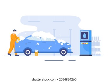 Car Wash Service Flat Design illustration. Workers Washing Automobile Using Sponges Soap and Water for Background, Poster or Banner