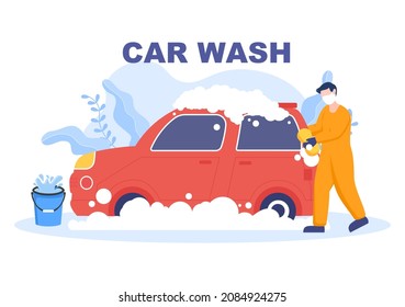 Car Wash Service Flat Design illustration. Workers Washing Automobile Using Sponges Soap and Water for Background, Poster or Banner