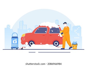 Car Wash Service Flat Design Vector illustration. People Washing Automobile Using Sponges Soap and Water for Background or Poster
