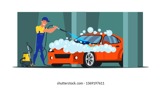 Car wash service flat vector illustration. Handyman washing automobile with high pressure washer and foam. Vehicle maintenance and care. Male cartoon character cleaning luxury red car