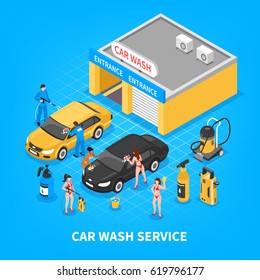 Car wash service with garage equipment workers and girls in bikini on blue background isometric vector illustration