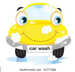 Car wash service - happy yellow automobile with soap bubbles. Vector illustration of happy yellow car in car wash cleaning service. Vector cartoon illustration.