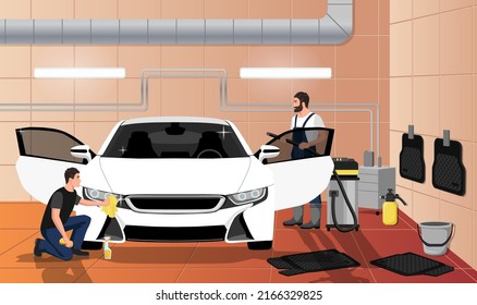 Car wash service interior. Carwash cleaning station. Clean white sedan automobile. Worker with vacuum cleaner. Man polishing, wiping headlight . Toned windows vehicle. Black mats. Vector illustration