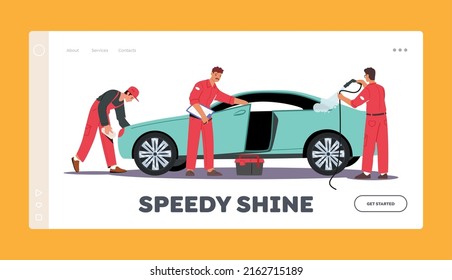 Car Wash Service Landing Page Template. Workers Wear Uniform Lathering Automobile with Sponge and Pouring with Water Jet. Cleaning Company Employees at Work Process. Cartoon People Vector Illustration