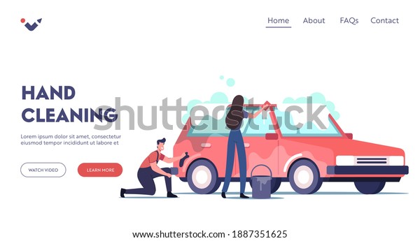 Car Wash Service Landing Page Template.\
Cleaning Company Employees Characters Work Process. Couple of\
Workers Wear Uniform Lathering Automobile with Sponge and Mop.\
Cartoon People Vector\
Illustration