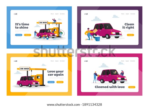 Car Wash Service Landing Page Template Set.\
Workers Characters Lather Automobile with Sponge and Pouring with\
Water Jet. Cleaning Company Employees at Work Process. Cartoon\
People Vector Illustration