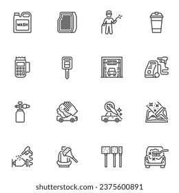 Juego de iconos de línea de servicio de lavado de coches, colección de símbolos de vector de contorno, paquete de pictogramas de estilo lineal. Señales, ilustración del logotipo. El juego incluye iconos como champú para lavar coches, pulido, limpieza a mano, depilación