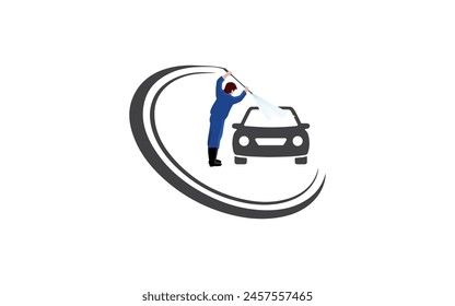 Car Wash Service logo Design illustration. Workers Washing Automobile Using Sponges Soap and Water for Background