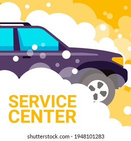 Car wash, service and maintenance for vehicle. Automobile with bubbly water and detergents, cleaning and cleansing, assistance with preparing. Advertisements and marketing. Vector in flat style