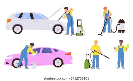 Car wash service and male worker cartoon character providing transport cleaning job isolated set