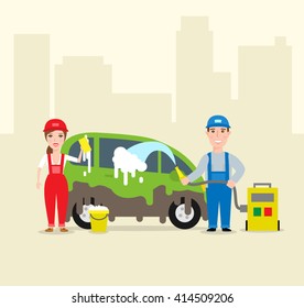 car wash service. man and woman washing car with hose and sponge