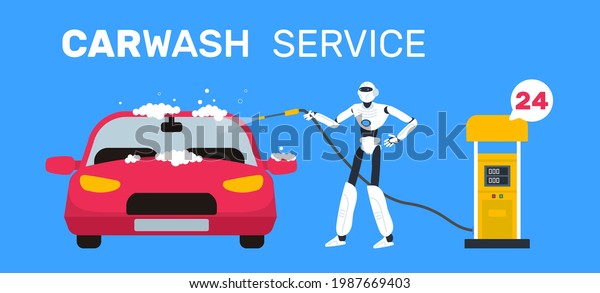 car wash service robot humanoid washing\
cleaning automobile vector\
illustration