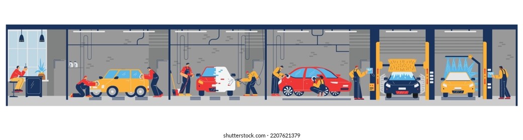 Car wash service scene with cleaning process by professional workers, flat vector illustration. Character in uniform washing cars with water jet and foam.