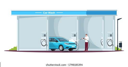 Car wash service semi flat RGB color vector illustration. Carwashing station and attendant. Touchless auto washing. Modern convenience. Isolated cartoon character on white background