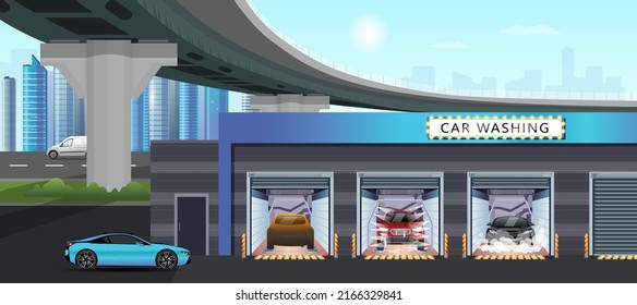 Car wash service station. Automatic carwash in cityscape under bridge. Auto spa cleaning garage. Washing vehicle high pressure with brushes in detailing box. Clean and shiny car. Vector illustration