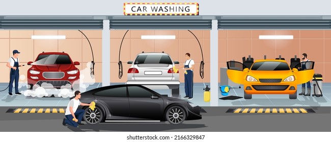 Car wash service station. City carwash. Washer in uniform wiping black automobile with cloth. Workers washing cars. Professional detailing and cleaning in auto spa. Garage building vector illustration