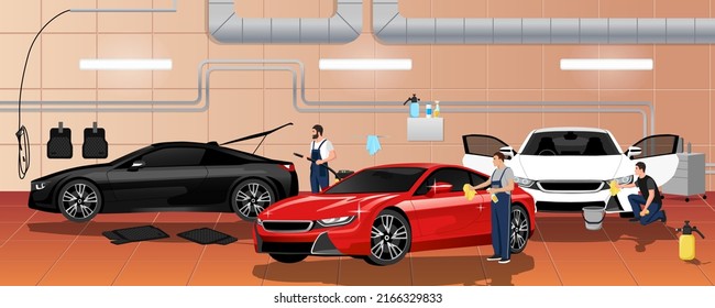 Car Wash Service Station Interior. Carwash In Building. New Cars For Sale. Shiny Luxury Sedan Red, White, Black Colors. Workers Wiping And Drying Automobile. Toned Windows Vehicle. Vector Illustration