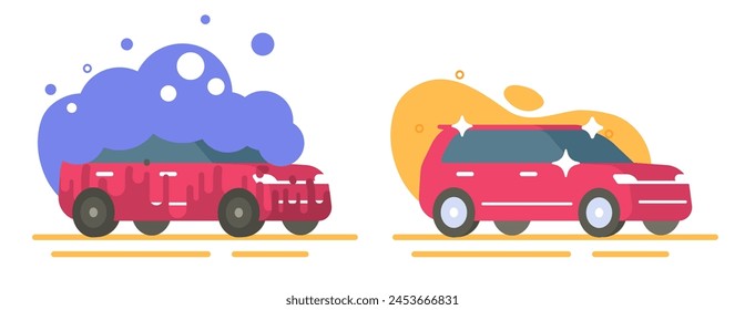 Servicio de lavado de coches Icono de ilustración gráfica de Vector, sucio auto de suciedad con espuma y vehículo limpio después de la lavadora diseño moderno, nuevo coche brillante chispeante plano de dibujos animados Imagen Clip arte aislado