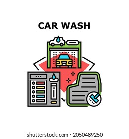 Car Wash Service Vector Icon Concept. Vacuum Carpet And Automatical Car Wash Service Equipment, Control Panel For Choosing Washing Function. Automobile Transport Cleaning Color Illustration