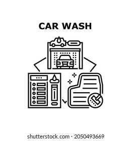 Car Wash Service Vector Icon Concept. Vacuum Carpet And Automatical Car Wash Service Equipment, Control Panel For Choosing Washing Function. Automobile Transport Cleaning Black Illustration