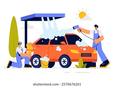 Car Wash Service Vector Illustration featuring Workers Cleaning an Automobile with Sponges, Soap, and Water in a Flat Style Cartoon Background