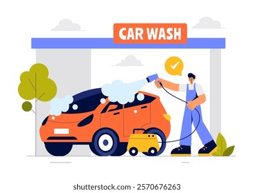 Car Wash Service Vector Illustration featuring Workers Cleaning an Automobile with Sponges, Soap, and Water in a Flat Style Cartoon Background