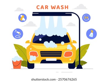 Car Wash Service Vector Illustration featuring Workers Cleaning an Automobile with Sponges, Soap, and Water in a Flat Style Cartoon Background