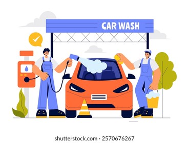 Car Wash Service Vector Illustration featuring Workers Cleaning an Automobile with Sponges, Soap, and Water in a Flat Style Cartoon Background