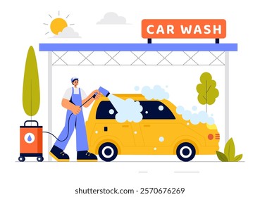 Car Wash Service Vector Illustration featuring Workers Cleaning an Automobile with Sponges, Soap, and Water in a Flat Style Cartoon Background