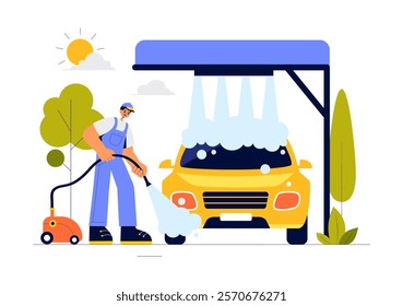 Car Wash Service Vector Illustration featuring Workers Cleaning an Automobile with Sponges, Soap, and Water in a Flat Style Cartoon Background