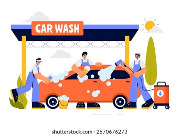 Car Wash Service Vector Illustration featuring Workers Cleaning an Automobile with Sponges, Soap, and Water in a Flat Style Cartoon Background